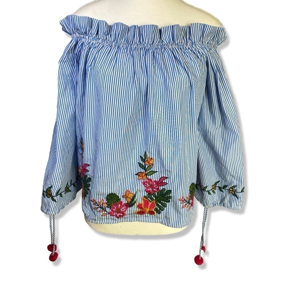 ⭐️LUSH Off Shoulder Striped Floral Pom Pom Tie Casual Shirt